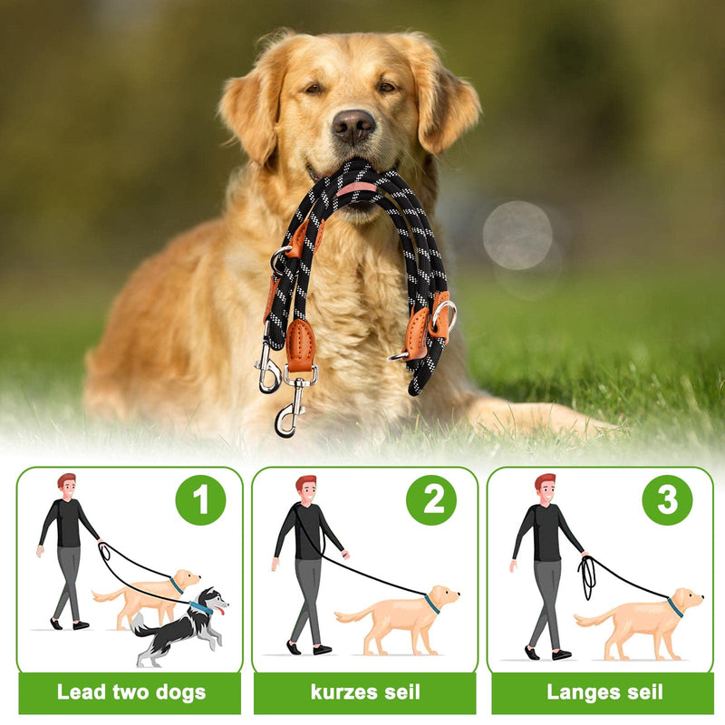 Dog Lead 2M Adjustable Nylon Braided Dog Lead with Carabiner, Multifunctional Training Lead Bite-Resistant, Double Lead for Small/Medium/Large Dogs (Black) - PawsPlanet Australia