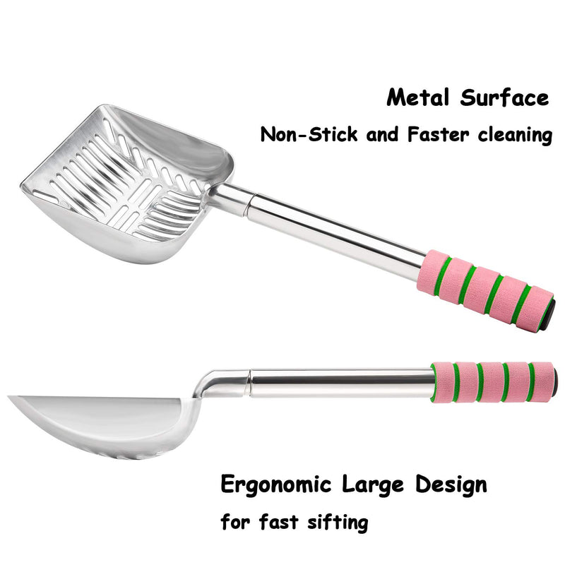 Cat Litter Scoop ，Extendable Stainless Steel Cat Litter Scoop with Deep Shovel and Long Handle, Non-Stick Cat Litter Sifter with Foam Padded Grip Handle, No Bending Back Heavy Duty Cat Litter Scooper Pink - PawsPlanet Australia