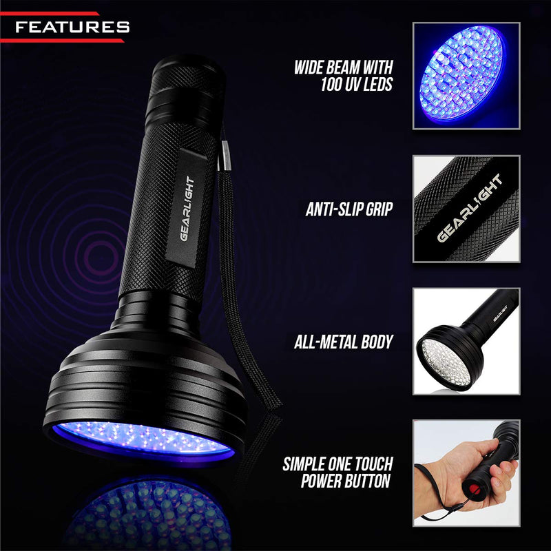 GearLight UV Black Light Flashlight XR98 - Powerful Patented 100 LED Blacklight Flashlights, Pet Stain Detector for Dog Urine, Scorpions, and Bed Bugs - Works with Carpet Odor Eliminator and Remover 100 LEDs - PawsPlanet Australia