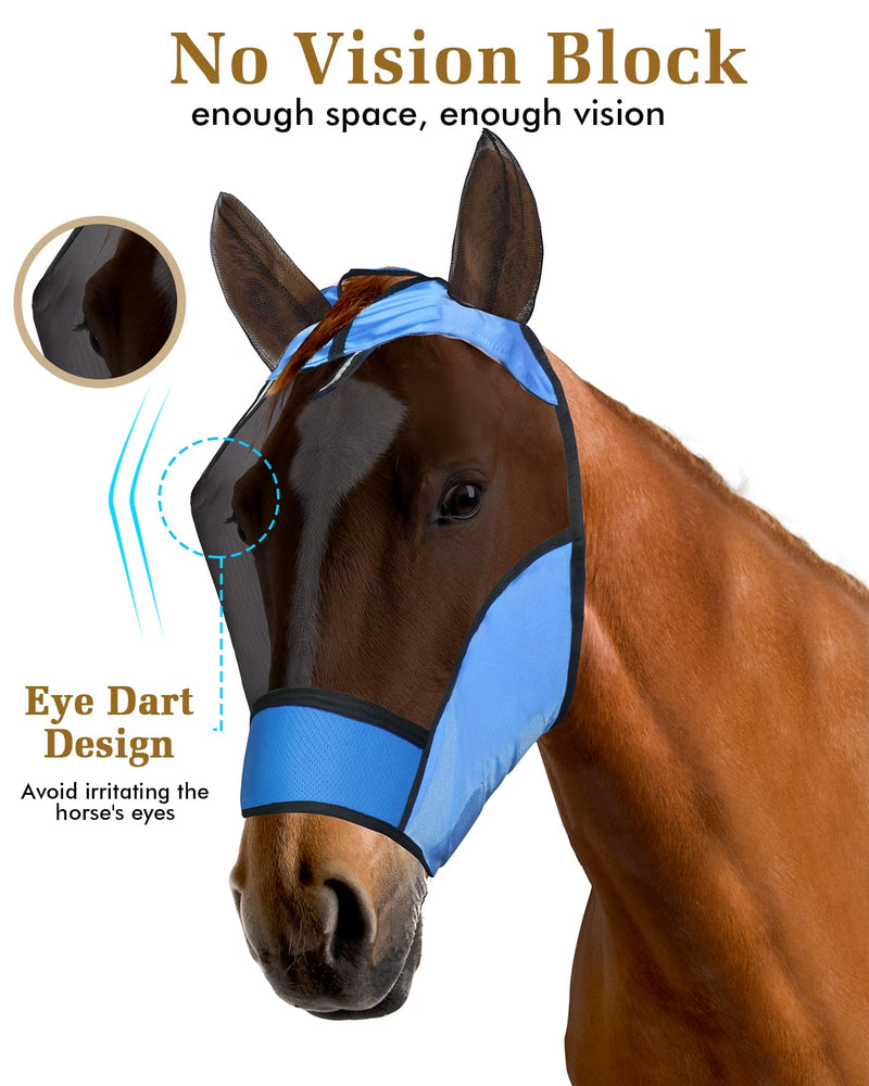 Petbank Horse Fly Mask UV Protection Horse Fly Mask with Ear Net/Forelock Hole/Reflective Trim Stretchy Fly Mask for Horse Breathable Fine Mesh/Eye Dart/Hook and Loop (Blue, L) Blue - PawsPlanet Australia