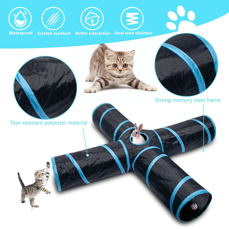 Sheldamy Cat Tunnel, S-4/5 Way 4 Way Cat Tunnels for Indoor Cats, Collapsible Cat Play Tunnel, Interactive Toy Maze Cat House with 1 Play Ball for Cats, Puppy, Kitty, Kitten, Rabbit 4-way Black & Blue - PawsPlanet Australia