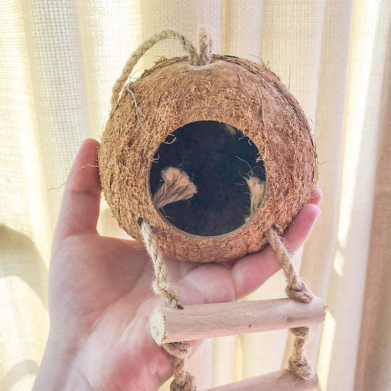 BLSMU Bird Hides Coconut Nest with Wood Ladder,Syrian Hamster Cage Hanging Natural Coco Shell Hut Hide Toy with Wooden Bridge,Hollow Hideaway Toys for Small Animal Rat Lovebird Finches - PawsPlanet Australia