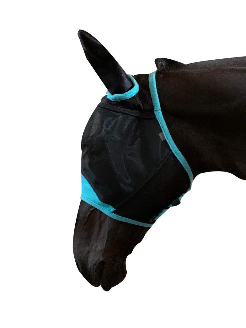 TGW RIDING Horse Mask with Ears Fine Mesh Cob Black/Turquoise - PawsPlanet Australia