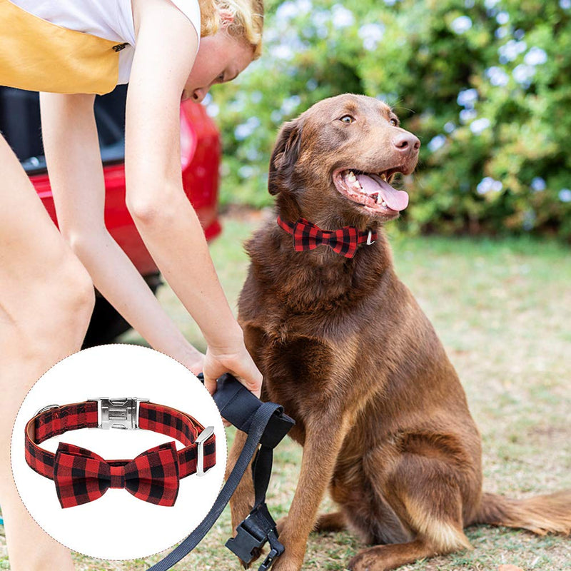 [Australia] - Mihachi Plaid Bowtie Dog Collar Adjustable - Premium Classic Plaid with Metallic Buckle Collars for Medium to Large Dogs Red 