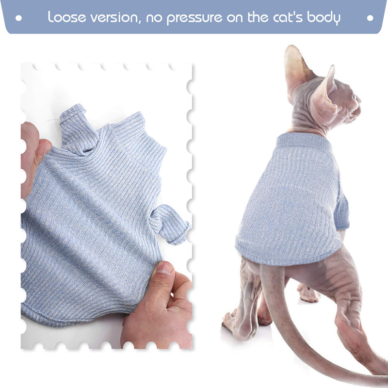 DENTRUN Sphynx Hairless Cats Shirt, Pullover Kitten T-Shirts with Sleeves, Breathable Cat Wear Turtleneck Sweater, Adorable Hairless Cat's Clothes Vest Pajamas Jumpsuit for All Season X-Small Blue - PawsPlanet Australia