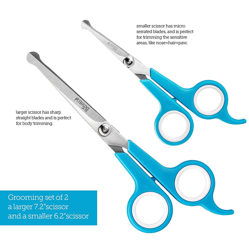 Boshel Dog Grooming Scissors Set of 2 Pet Grooming Scissors - Safety Rounded Tips - Micro-serrated Smaller Scissor for Face, Ear, Nose & Paw + Larger, Sharp Scissor for Dog & Cat Body Trimming - PawsPlanet Australia