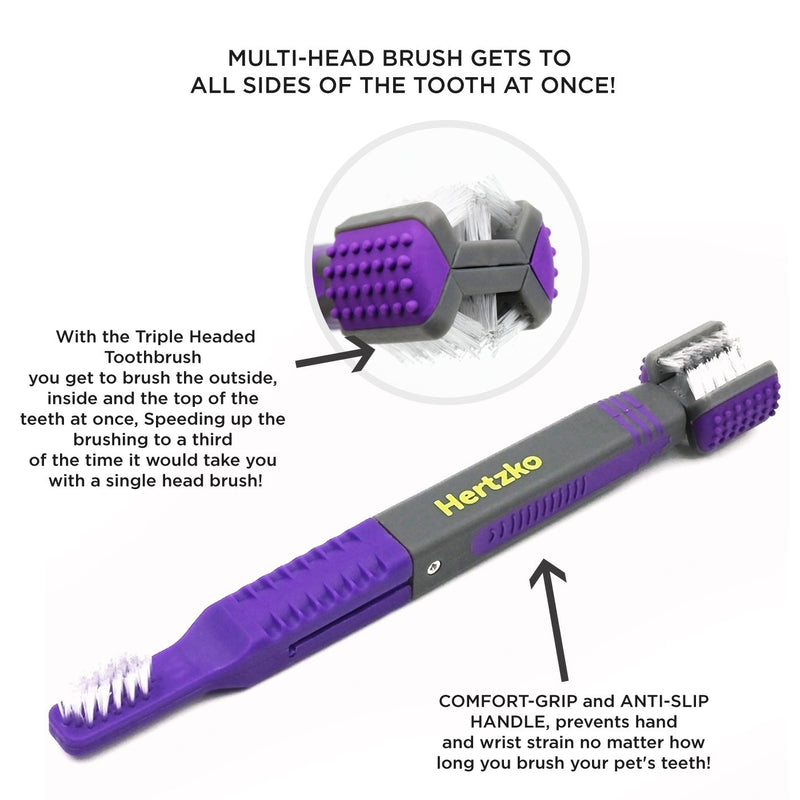 Hertzko Triple Headed Tooth Brush Multi-Head Brush Gets to All Sides of The Tooth at Once! - Removable Finger Brush Gives You Great Control - Suitable for Small and Large Dogs and Cats - PawsPlanet Australia