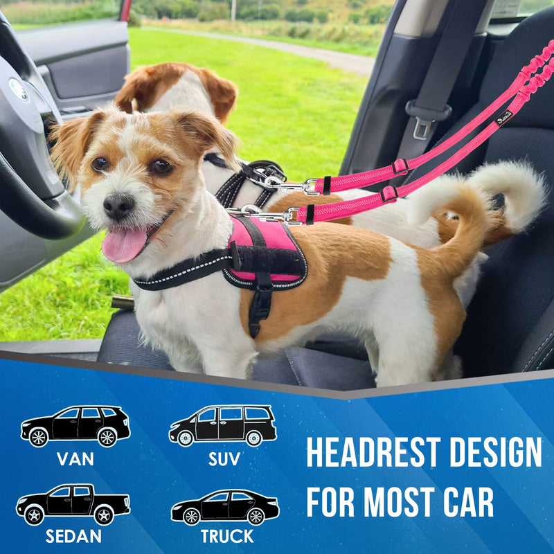 SlowTon Double Seat Belt Dog Car, 2 in 1 Tangle-Free Durable Elastic Dog Seat Belt, Dog Belt with Rotating Stainless Steel Carabiner for 2 Dogs in Vehicle Travel M Fluorescent Pink - PawsPlanet Australia