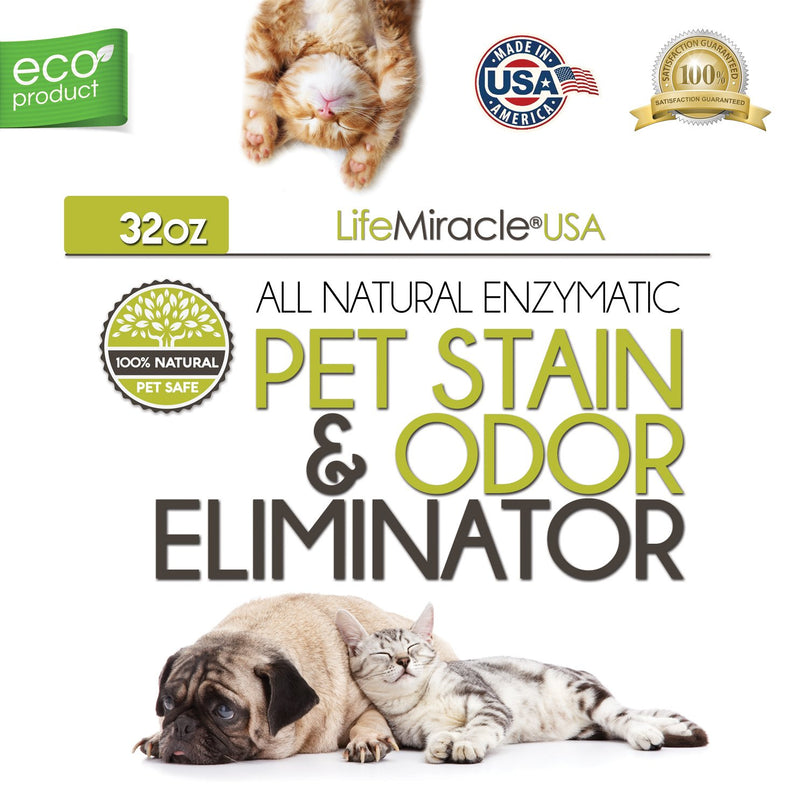 [Australia] - Life Miracle USA Natural Enzyme Cleaner - Safe, Non-Toxic Pet & Laundry Stain Remover, Odor Eliminator Neutralizer | Upholstery Carpet Cleaning & Rug Stain Cleaner | Dog & Cat Urine Smell. 32oz Spray 