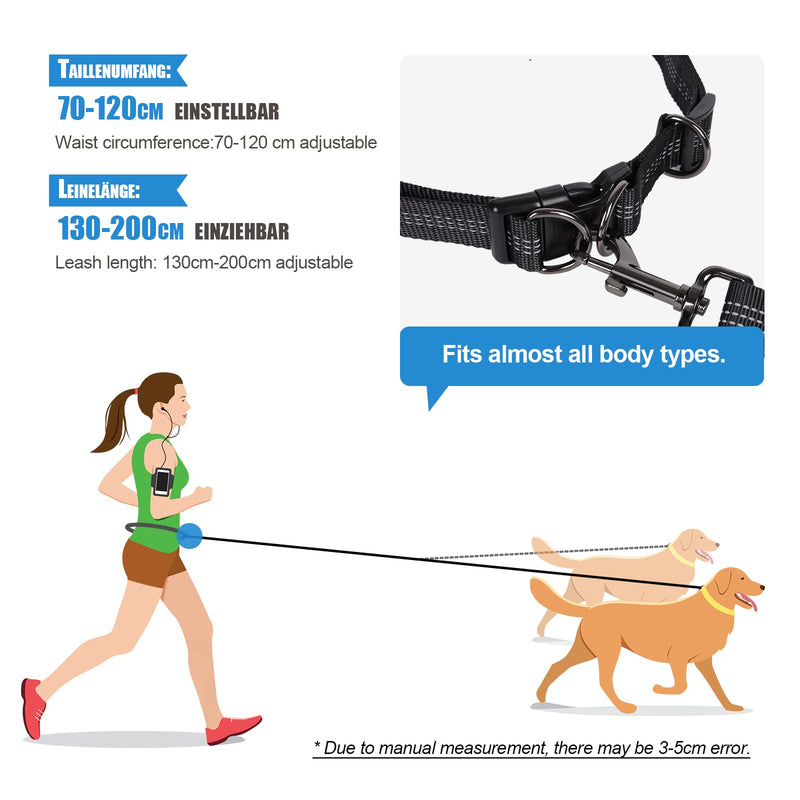 Snocyo jogging leash for dogs, double leash for two dogs, elastic and reflective double leashes for medium and large dogs, retractable leash with handles and waist belt for two or one dog, black and blue - PawsPlanet Australia