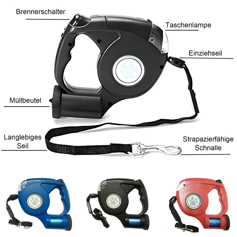 Dog leash, 5m retractable leash for dogs, with LED flashlight, 360° knot-free extended leash with bag dispenser for large and medium-sized dogs up to 25 kg weight - PawsPlanet Australia