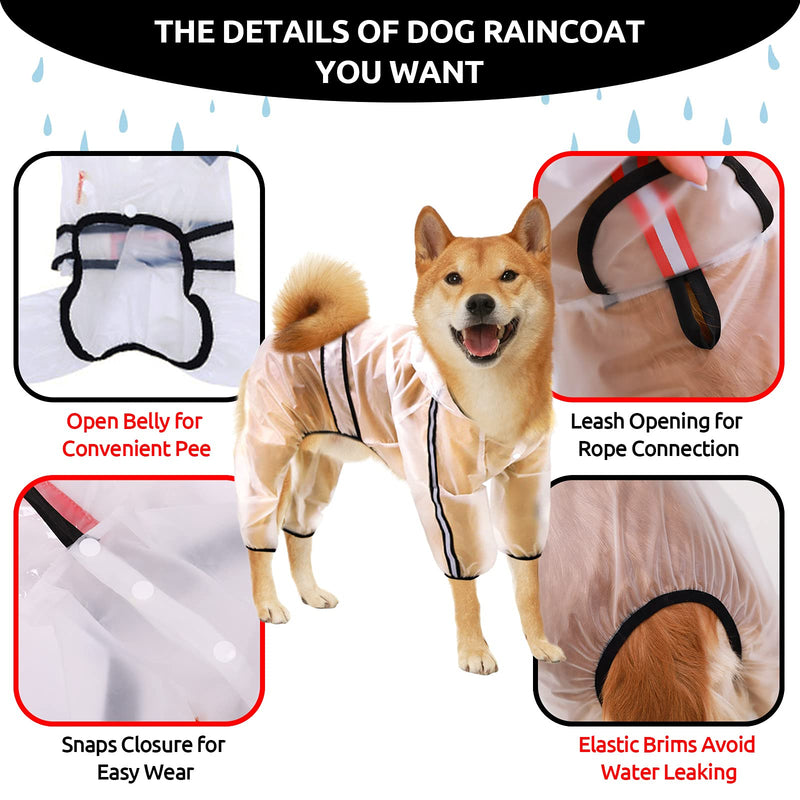 KOESON Transparent Dog Raincoat, Waterproof Hooded Dog Rainwear Coat Pet Slicker Poncho, Lightweight 4-Leg Dog Rain Jacket with Reflective Strip & Leash Hole for Small Medium Large Dogs - PawsPlanet Australia