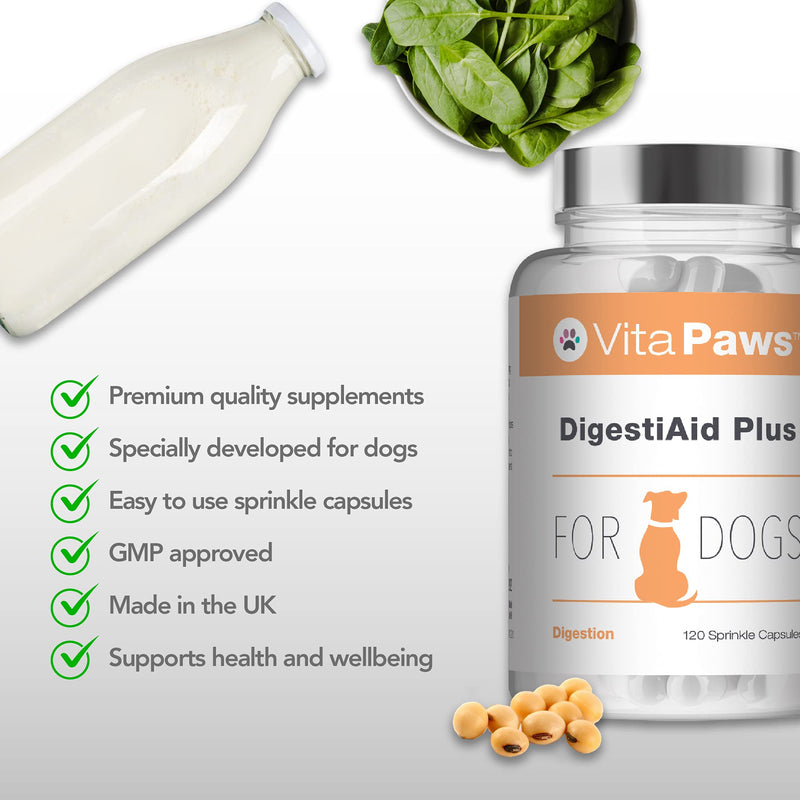 Probiotics for Dogs | DigestiAid Offers Friendly Bacillus Coagulans Bacteria with Digestive Enzymes and Prebiotics | 120 Sprinkle Capsules for Fussy Pets | UK Manufactured - PawsPlanet Australia