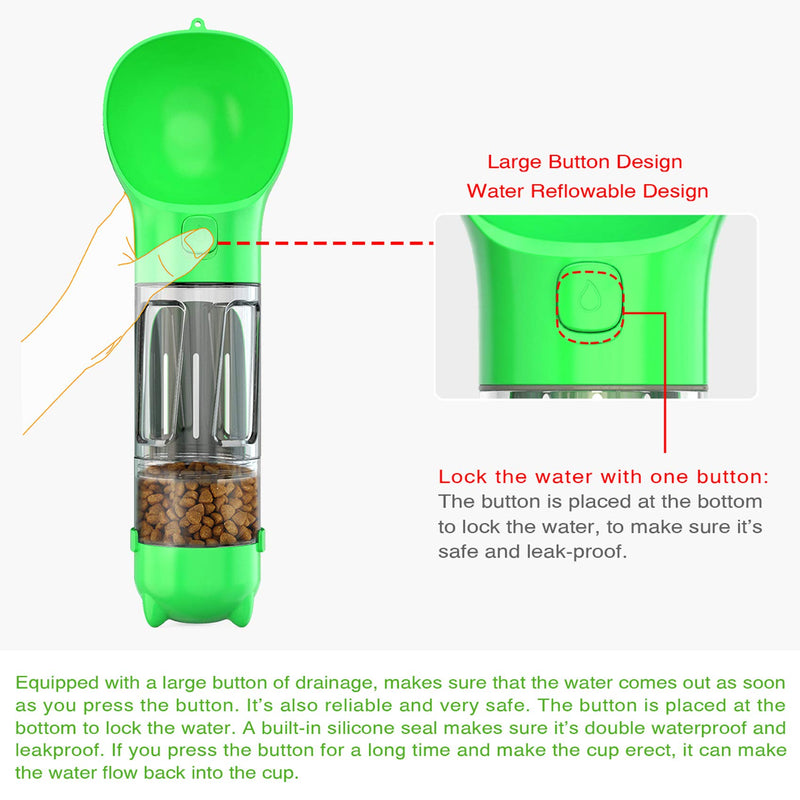 [Australia] - Water Bottle for Dog, Dog Travel Water Bottle, Drinking Feeder with Potty Waste Bags Shovel and Food Space Bpa-Free 3 in 1 Multifunction GREEN 