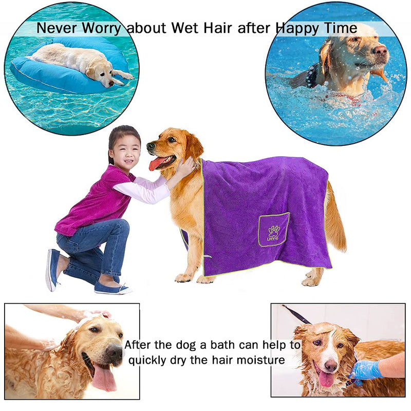 Dog Bathrobe Towel -Dog Drying Towel - Absorbent Microfibre Dog Bath Towel -Machine Washable & Dryable -Pet Drying Towel For Large And Meduiem Dog- 140x70cm - Purple - PawsPlanet Australia