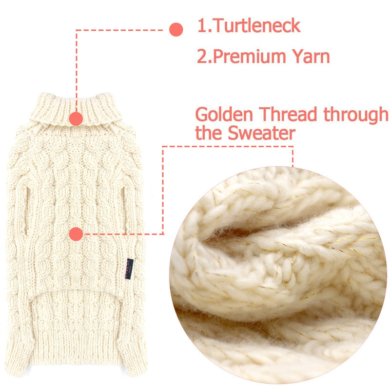 KYEESE Dog Sweaters with Golden Thread Turtleneck Dog Sweater Cable Knit for Cold Weather X-Small (Pack of 1) Beige - PawsPlanet Australia