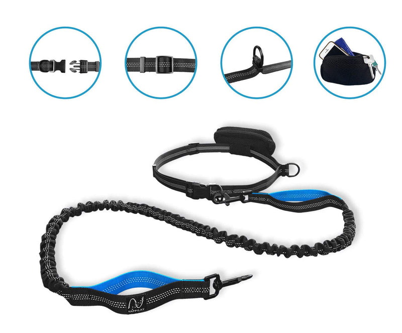 Happilax Dog Jogging Lead, Elastic Reflective Lead with Belly Strap, Up To 100 KG, 120 - 220 CM Black-Blue - PawsPlanet Australia