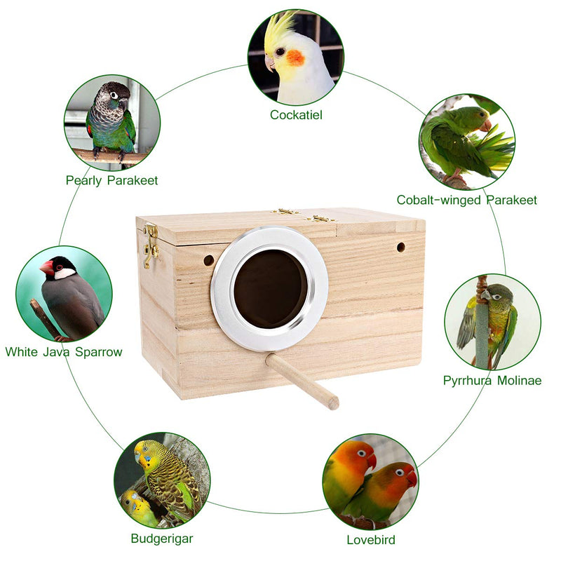 POPETPOP Wooden Bird Box, Parrot Clear View Window, Bird Nesting Feeding Station House, Left Open Window (Small Size) - PawsPlanet Australia