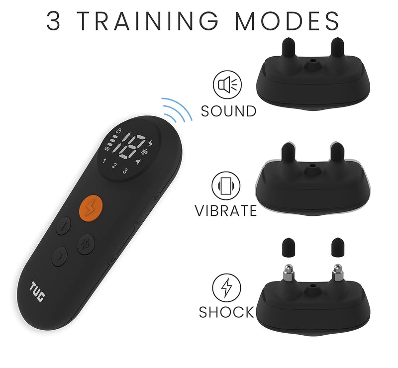 TUG Dog Training Collar with Rechargeable Remote | 3 Training Modes: Beep, Vibration, & Shock | Waterproof | E-Collar (Black) - PawsPlanet Australia