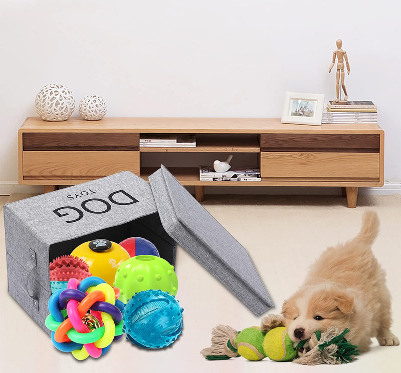 Medium dog toy bin 15"x10"x8.3" inch linen-cotton blend dog container organizer with lid - collapsible dog toy basket for organizing dog cat toys and accessories - Gray - PawsPlanet Australia