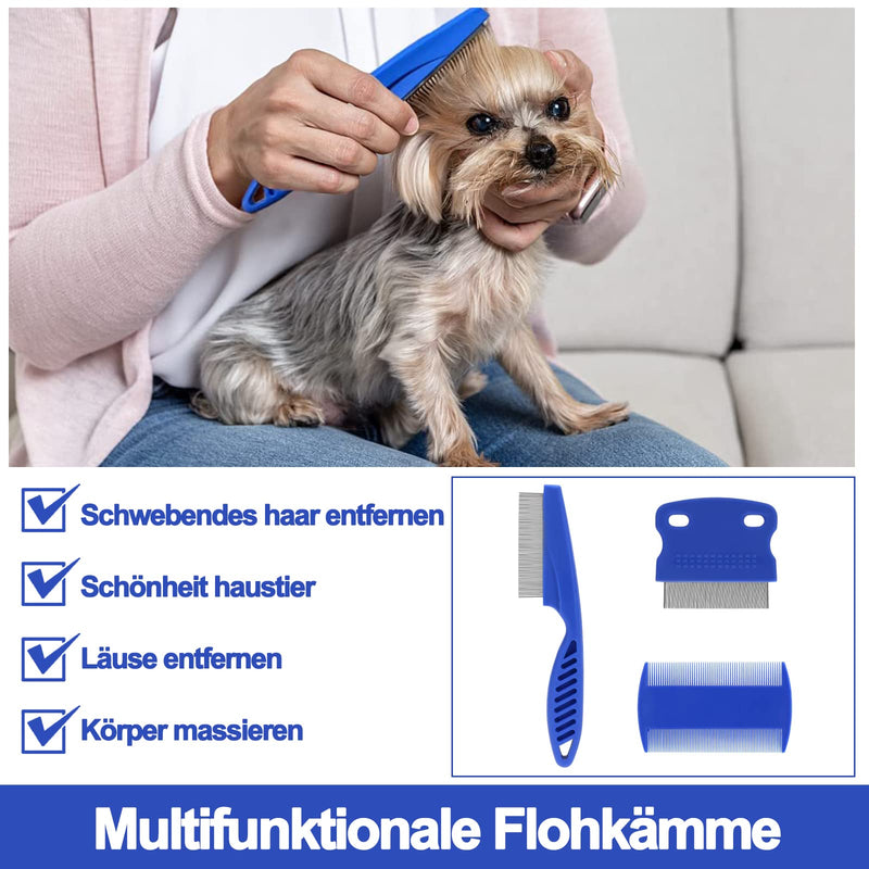 Dog Cat Lice Comb, 3 Pieces Pet Grooming Comb, Flea Tear Stain Remover Comb, Stainless Steel Metal Combs for Effective Against Fleas and Lice, Dogs Cats Grooming Tool (Blue) - PawsPlanet Australia
