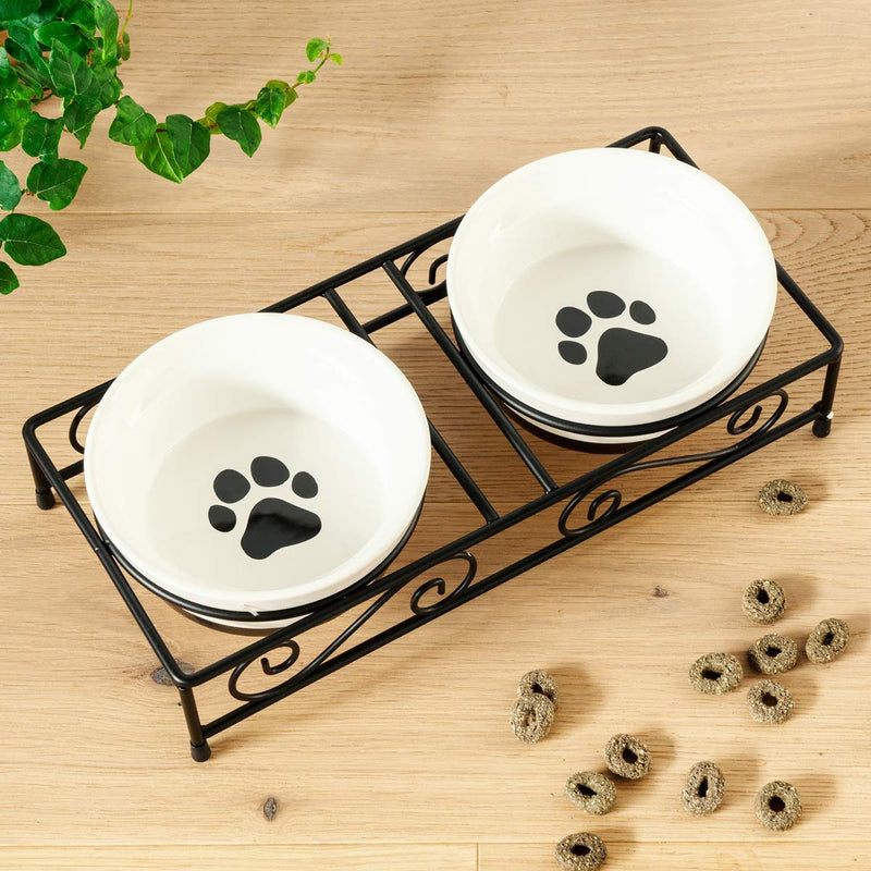 Navaris Ceramic Pet Bowl Set - Double Food Water Bowls for Cats, Small Dogs and Puppies with Non-Slip Retro Metal Stand - Set of 2 Bowls, 320ml Each - PawsPlanet Australia