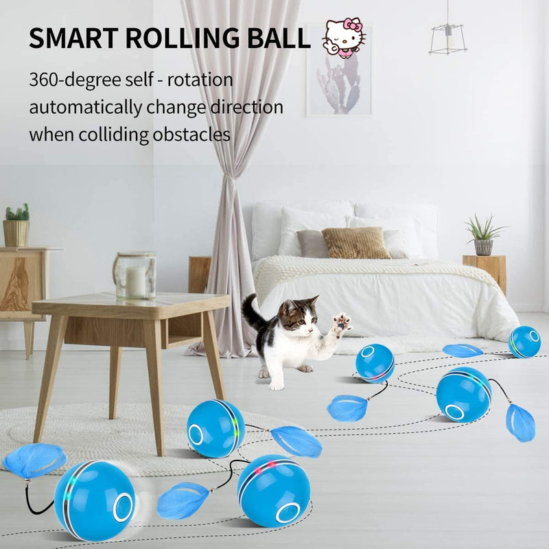 Interactive Cat/Dog Toy Ball Self Rotating Cat Ball with LED Light & Catnip,Ring Bell Feather Toy,Rolling Spinning Smart Pet Toys,USB Rechargeable Ball for Cats/Dog Kitty Funny Chaser(Blue) Blue - PawsPlanet Australia