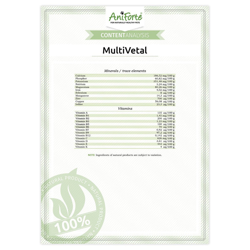 AniForte MultiVitamin MultiVETAL Powder 100g: Natural Vitamin Supplement for Dogs & Cats - Contains 13 Vitamins & 11 Minerals, Including Vitamin B Complex, B1, B2,B5, B6, B12, A, C, D, E, K, Omega 3 - PawsPlanet Australia