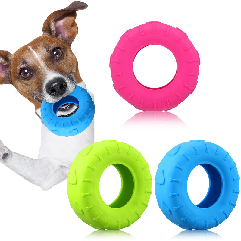 Leitee 3 Pieces Tire Dog Chew Toy Dog Treat Dispenser Toy Indestructible Dog Toy Rubber Dog Tire Toy Blue Red Yellow for Small to Medium Dogs Puppy Aggressive Chewers Colorful Tyre - PawsPlanet Australia