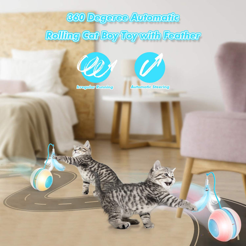 Biilaflor Interactive Cat Ball Toys with Bird Sound, Led Light, Detachable Protective Rubber Shell, USB Charging, Automatic 360° Rolling, 2 Feathers & Bell, Robotic Cat Moving Toys for Indoor Cats - PawsPlanet Australia