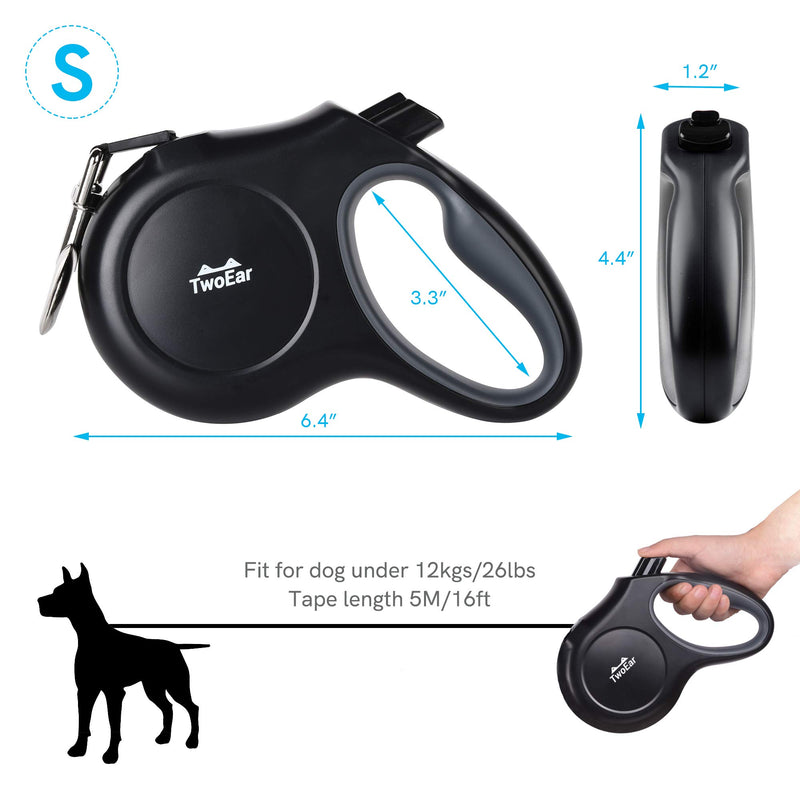 TwoEar 5m Extendable Dog Lead with Dispenser and Poop Bags for Small Dogs up to 12kg, Dog Leads Strong Retractable, Reflective Strong Nylon Lead, Anti-Slip Handle,Tangle-Free(Black) S Black - PawsPlanet Australia