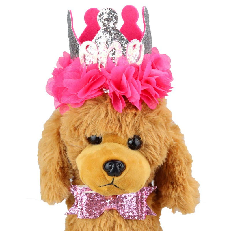 [Australia] - Aillion Dog Cat 1st Birthday Hat Crown Shaped and Shiny Bowtie Collar Rose Red and Silver 