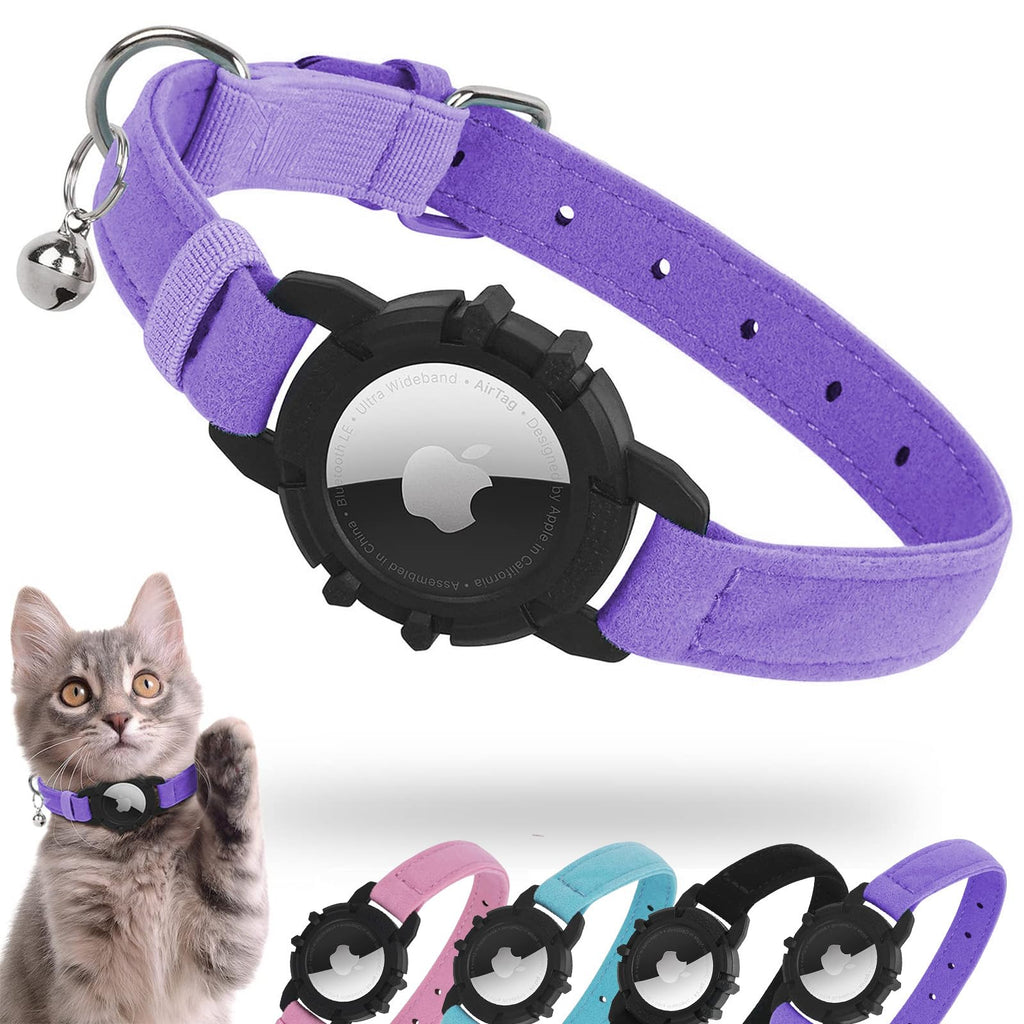 JIARUI Airtag Cat Collar Velvet, Integrated Apple Air Tag Cats, Soft GPS with Airtag Holder and Bell Lightweight Tracker Collar, Girls/Boys Cat (Purple) XS Purple - PawsPlanet Australia