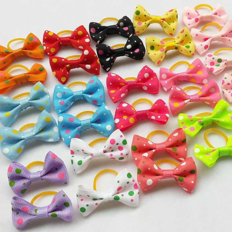 Chenkou Craft 30pcs (15pairs) New Dog Hair Bow with Rubber Dot Grosgrain Ribbon Pet Grooming Products Mix Colors Varies Patterns Pet Hair Bows (Dot Ribbon Rubber Bow) - PawsPlanet Australia