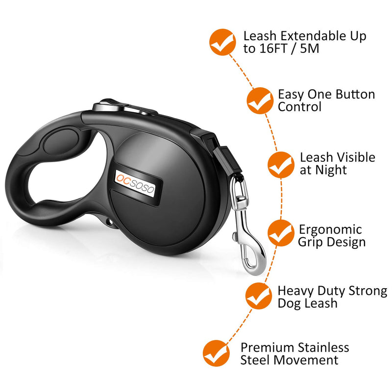 [Australia] - OCSOSO Retractable Dog Leash Reflective 16FT / 5M Extendable Dog Strong Lead, Heavy Duty Dog Lead for Medium Large Pet Dogs up to 180lbs, Tangle Free, Easy One Button Brake & Lock Safety System 16FT/5M Dog Leash 