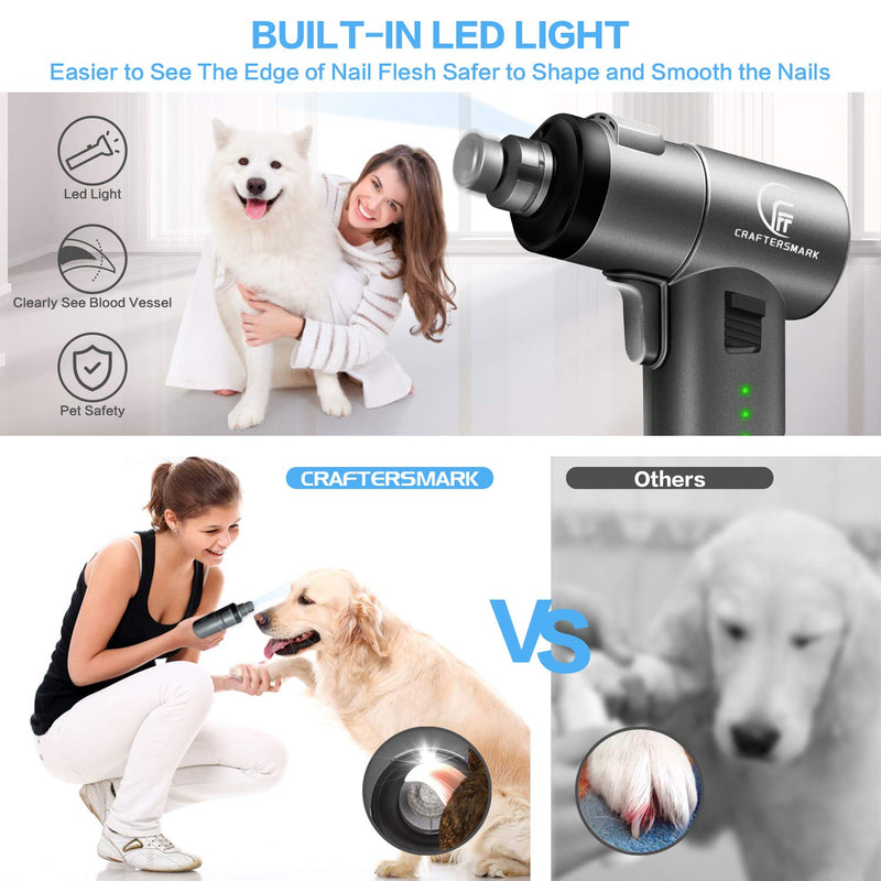 Craftersmark Dog Nail Grinder with LED Light Pet Nail Grinder with Automatic and Manual Design，Low Noise 3 Speed Dog Nail Trimmer for Small Medium Large Dogs & Cats Grey - PawsPlanet Australia