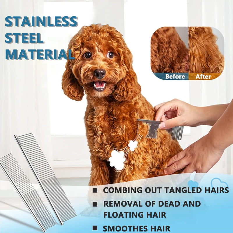 Pack of 2, pet dog grooming combs, stainless steel pet comb, stainless steel pet comb, metal dog comb, for removing tangles and knots, for large, medium and small pets - PawsPlanet Australia
