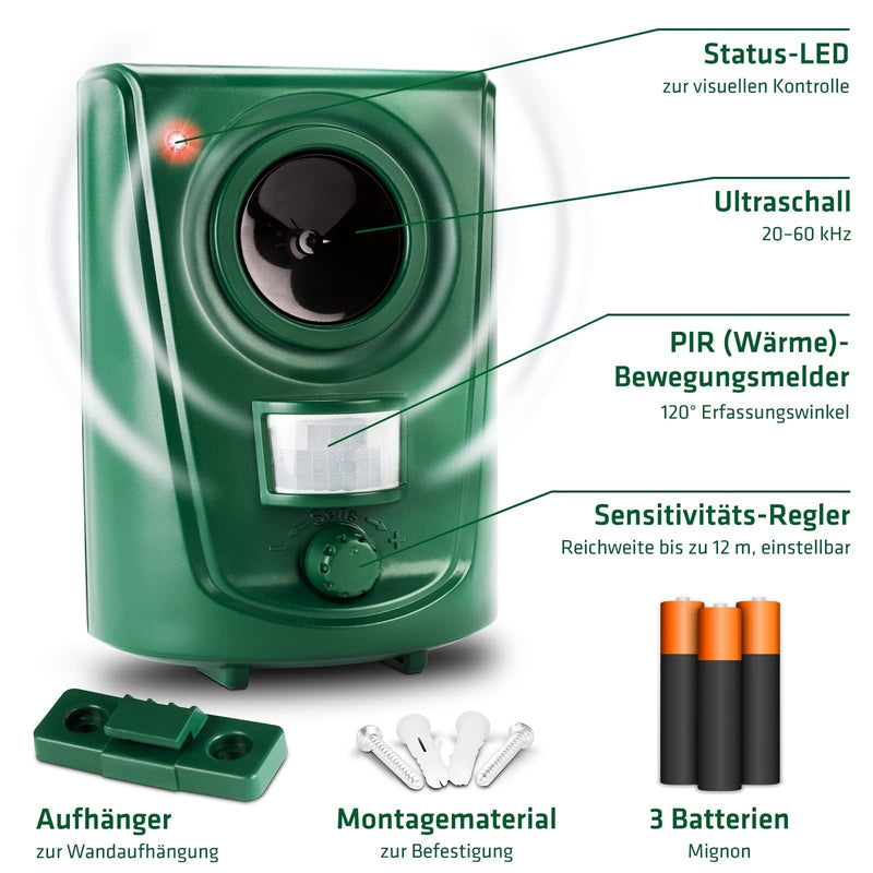 GARDIGO® dog and cat repellent | Dog deterrent and cat deterrent for the garden | Ultrasonic animal repeller 20-60 kHz | 120° detection angle, 12m range | Against dogs and against cats - PawsPlanet Australia