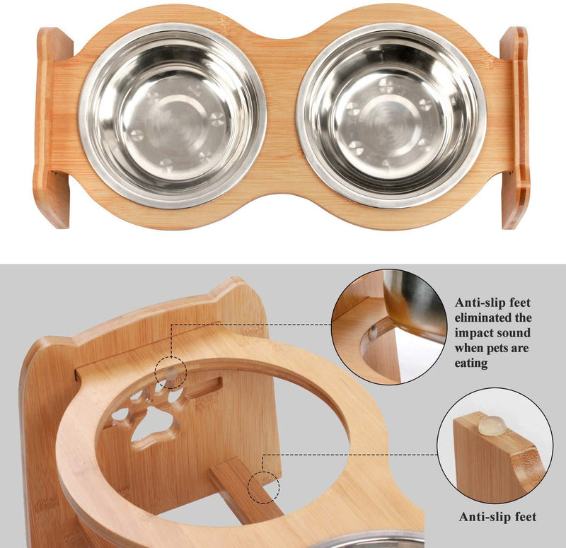 X-ZONE PET Raised Pet Bowls for Cats and Dogs, Adjustable Bamboo Elevated Dog Cat Food and Water Bowls Stand Feeder with 2 Stainless Steel Bowls and Anti Slip Feet Medium - PawsPlanet Australia