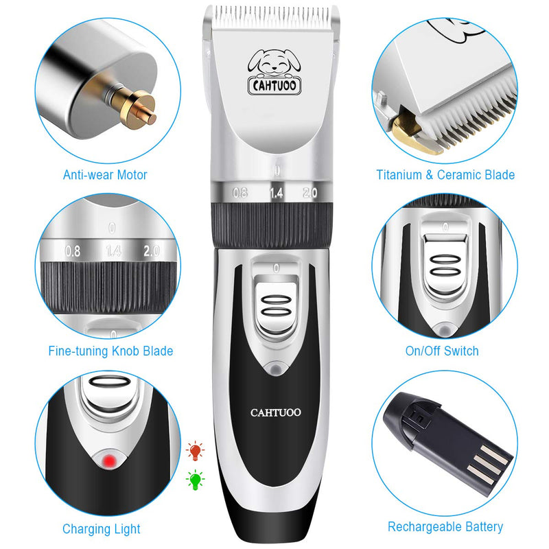 CAHTUOO Dog Clippers,Professional Dog Grooming Clippers Kit Rechargeable Quiet Pet Shaver Cordless Dog Cat Hair Trimmer with Scissor,Guards,Combs for Dogs Cats Other Animals- Silver (Upgrade Version) 12 Piece Set - PawsPlanet Australia
