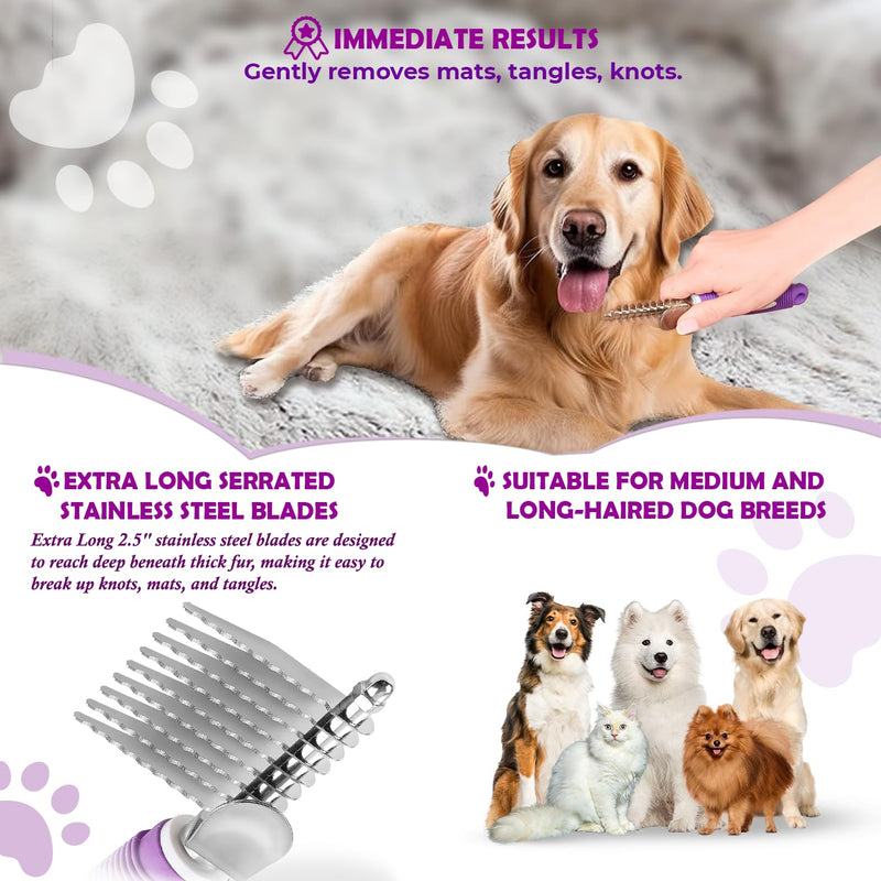 GENPEPADO Dematting Undercoat Rake Comb for Dogs & Cats with Long 2.5-In Stainless Steel Safety Blades for Removing Knots, Mats & Tangles - Pet Grooming Deshedding Brush Tool with Anti-Slip Grip purple rake - PawsPlanet Australia