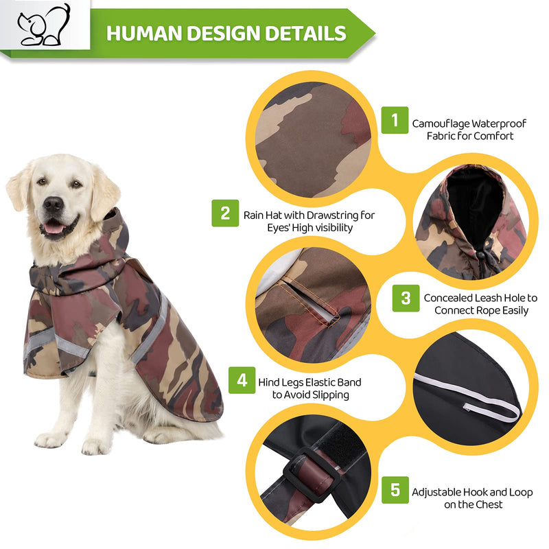 KOESON Dog Raincoat Waterproof Pet Rain Jacket, Reflective Adjustable Dog Rain Poncho Slicker with Leash Hole, Camouflage Lightweight Rainproof Hoodie Clothes for Medium Large Dogs Grey Brown Camo - PawsPlanet Australia