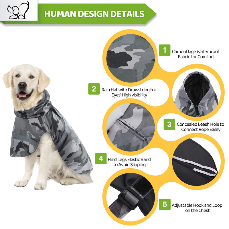 KOESON Dog Raincoat Waterproof Pet Rain Jacket, Reflective Adjustable Dog Rain Poncho Slicker with Leash Hole, Camouflage Lightweight Rainproof Hoodie Clothes for Medium Large Dogs Grey M Grey Camo - PawsPlanet Australia