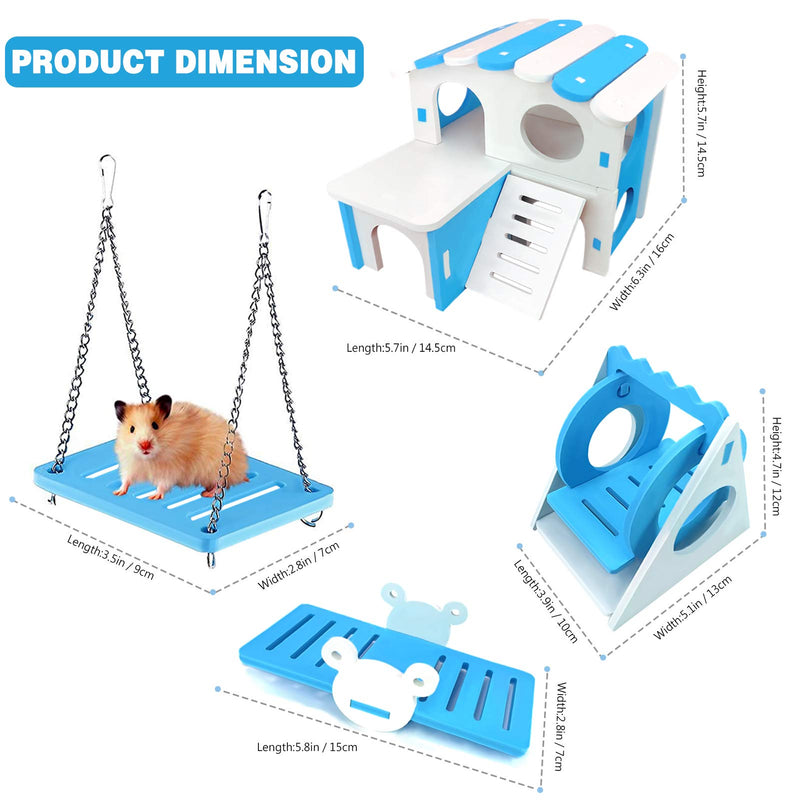 4Pcs Hamster Toys Set, Dwarf Hamster House DIY Wooden Gerbil Hideout, Swing & Seesaw, Pet Sport Exercise Toys, Sugar Glider Syrian Hamster Toy Cage Accessories for Small Animal (Blue) Blue - PawsPlanet Australia