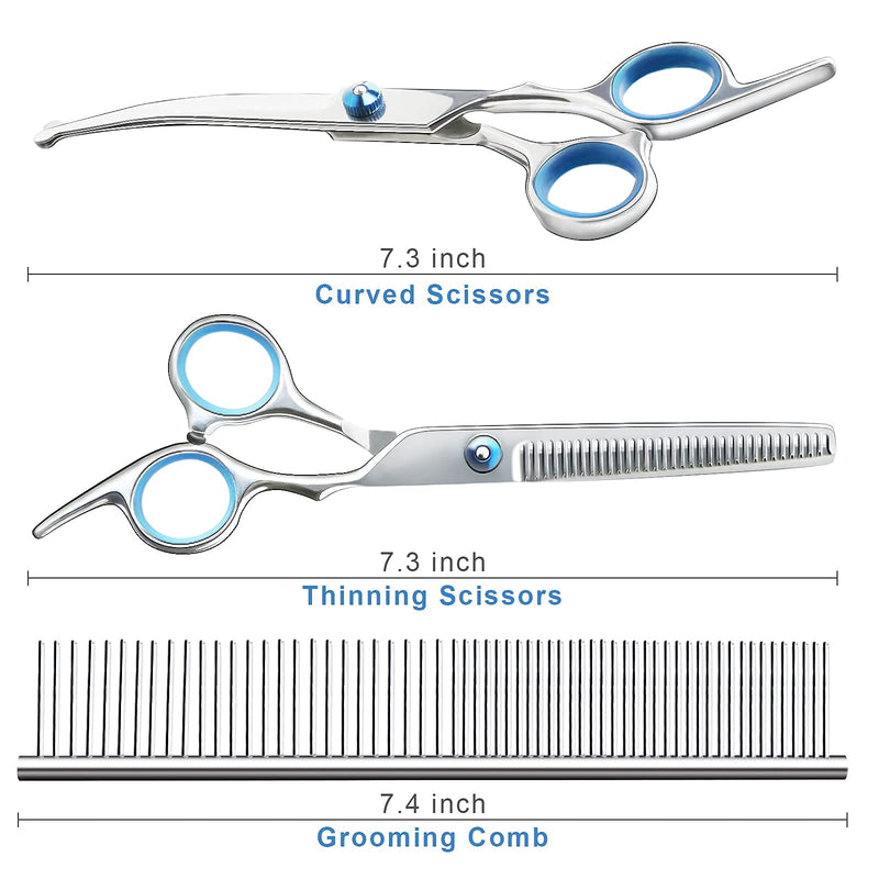 Soslina 7" Dog Grooming Scissors Kit with Safety Round Tips, Heavy Duty Titanium Stainless Steel, Professional Dogs Cats Pets Grooming Shears Set, Thinning Shears, Curved Scissors, Comb - PawsPlanet Australia