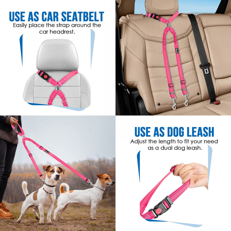 SlowTon Double Seat Belt Dog Car, 2 in 1 Tangle-Free Durable Elastic Dog Seat Belt, Dog Belt with Rotating Stainless Steel Carabiner for 2 Dogs in Vehicle Travel M Fluorescent Pink - PawsPlanet Australia