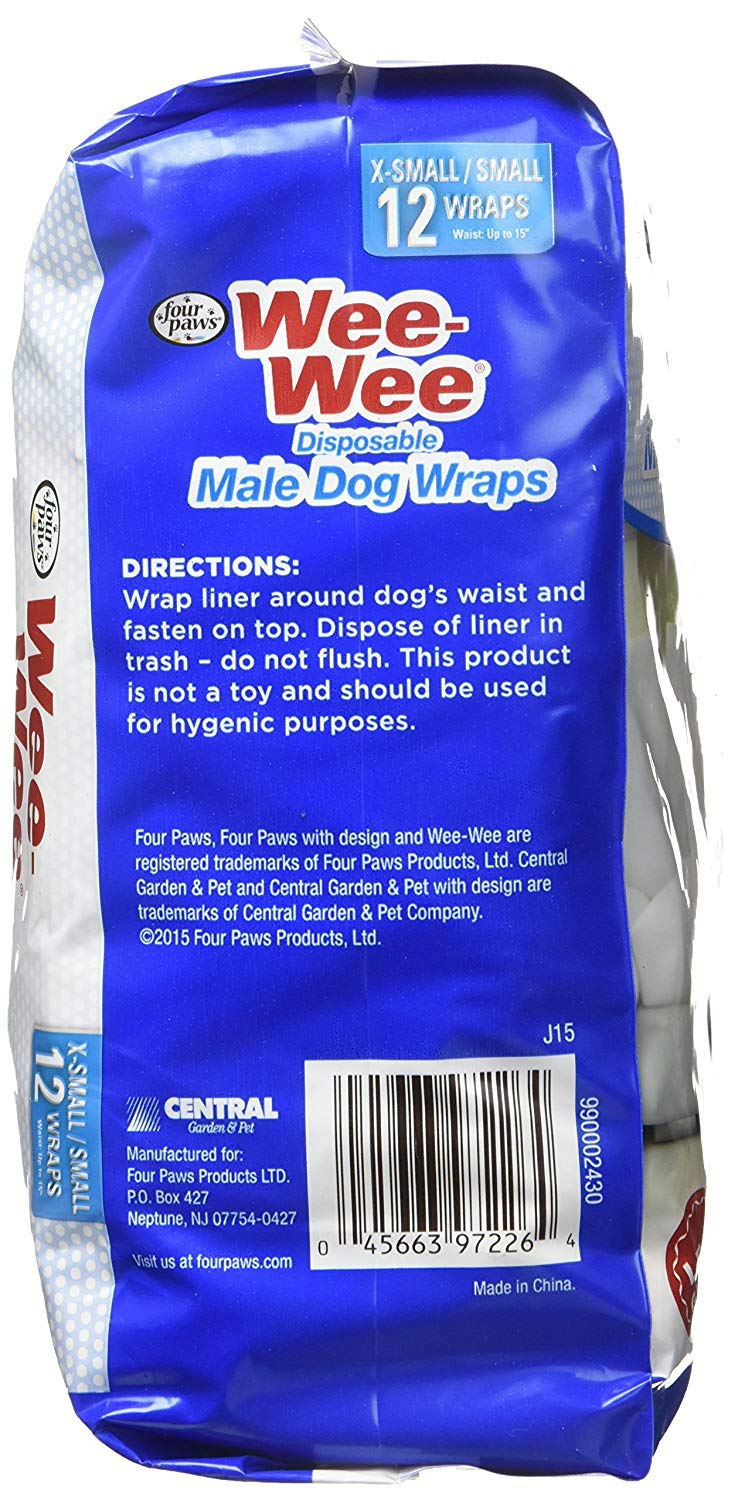 [Australia] - Four Paws Wee-Wee Male Dog Wraps, Disposable, X-Small/Small 12 Count, 4 Pack 