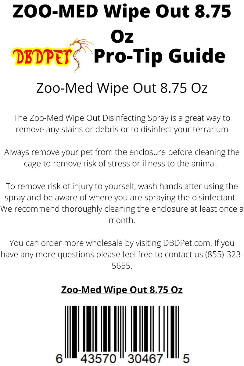Zoomed Wipeout Reptile Terrarium Cleaner (8.75oz) - with Attached DBDPet Pro-Tip Guide - PawsPlanet Australia