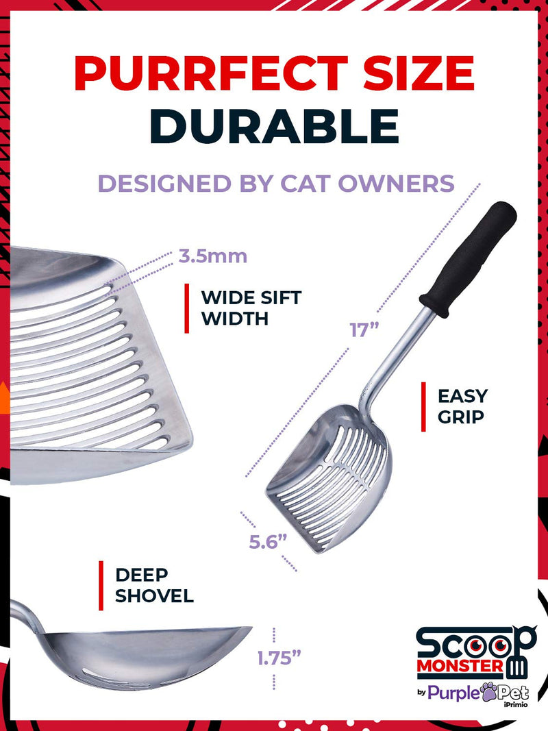 [Australia] - iPrimio Scoop Monster Cat Litter Scooper with 17 Inch Long Handle and Soft Grip - Sturdy Extra Large Deep Shovel Scoop - for Sore Hands Too Silver 