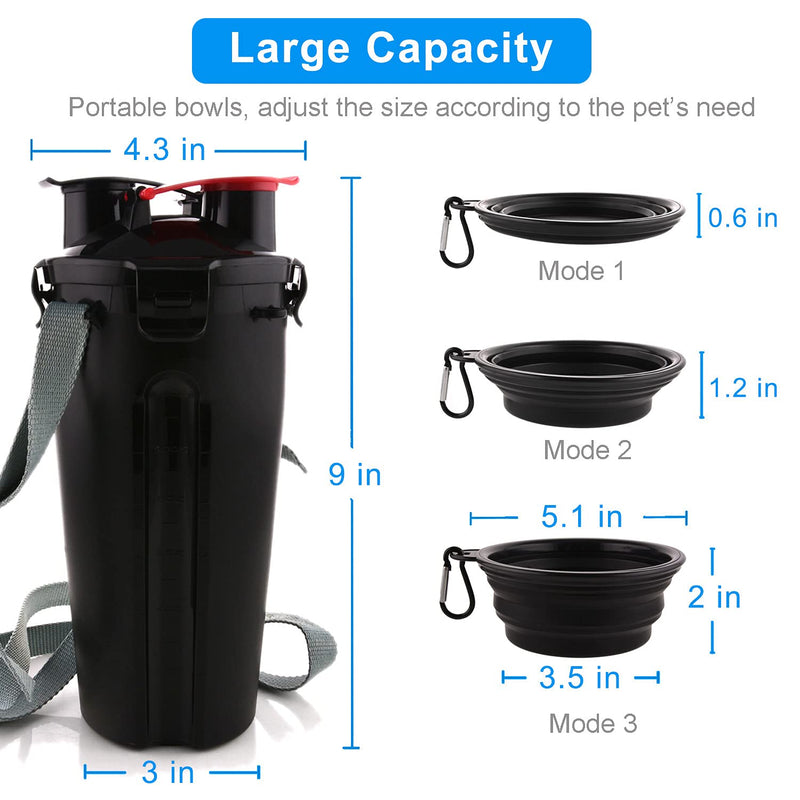 Dog Travel Water Bottle Collapsible Bowls, 2 in 1 Pet Food Container with Collapse Bowls, Outdoor Portable Water Bowls for Walking, Traveling, Camping and Hiking Black - PawsPlanet Australia